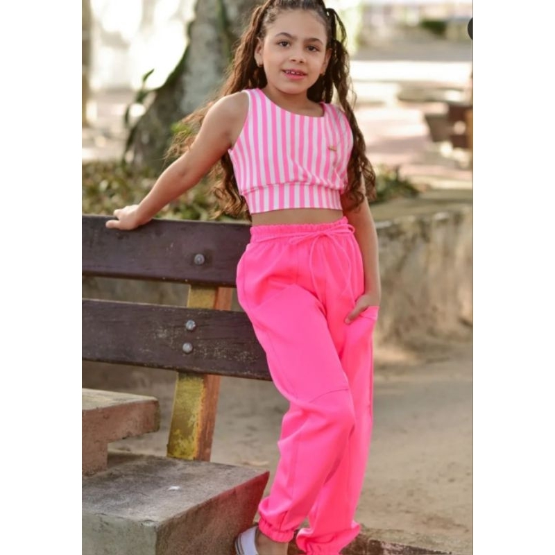 Conjunto Calça Infantil Com Blusa Cropped Manga Juvenil Luxo