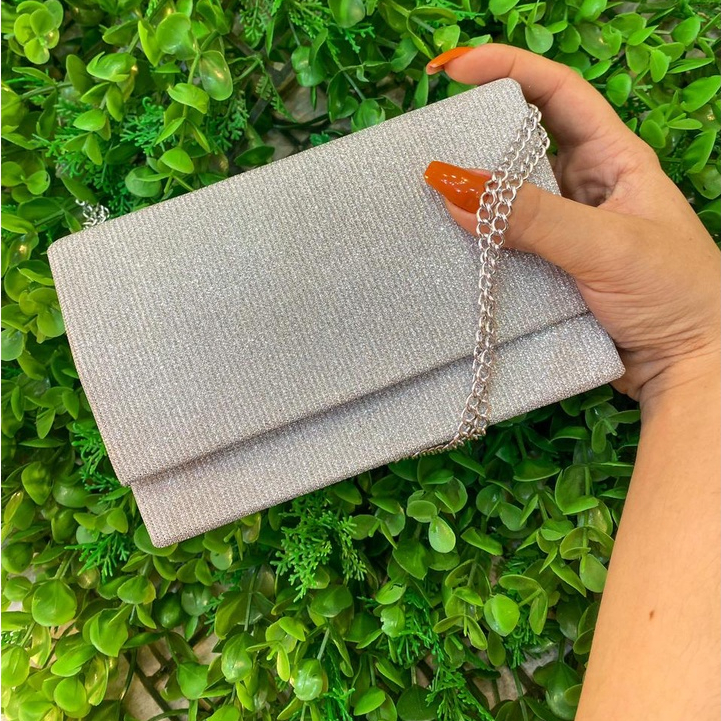 Bolsa Clutch Carteira feminina de mão e ombro  PRATA Brilhosa, Glitter para festas casamentos formaturas Possui Alça