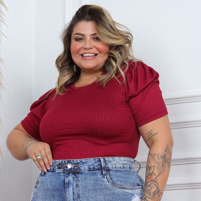 Blusa Feminina Plus Size Manga Bufante Canelada Blusinha Manga Princesa Blogueira