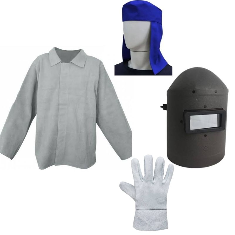 Kit soldador casado em raspa, máscara de solda, luva punho 7, touca arabe