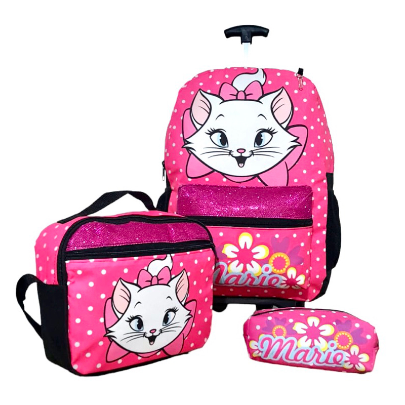 Kit Mochila Escolar Com Rodinha Gata Marie Sofia Minnie Menina Com Lancheira Térmica e Estojo