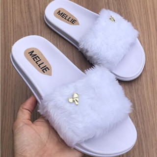 Chinelo Slide Pala Pelinho Pelucia Dia de Noiva Branco Lacinho Moda