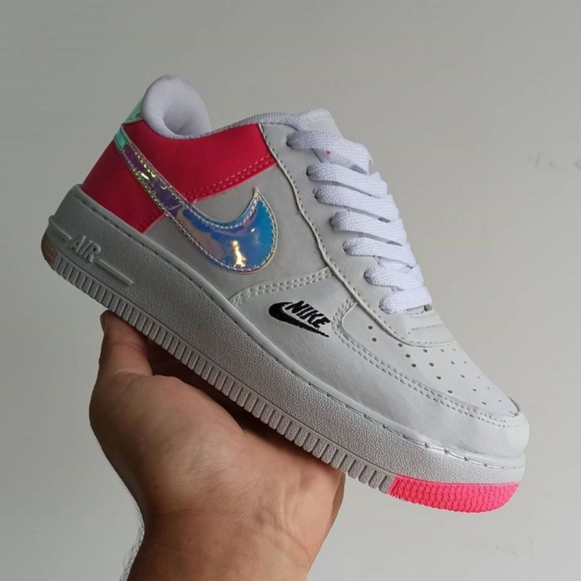 Tênis Nike Air Force holográfico Feminino Cinza Rose Azul bb Premium Tênis Casual Airforce Confortável Uso Diário AF1