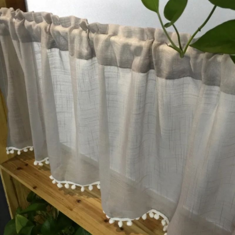 Cortina Bando de Cozinha Voil Linho Flame Decoração Bolinha Pelúcia