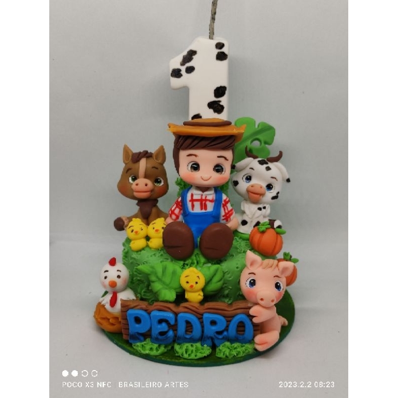 Topo de biscuit fazendinha, vela de aniversário temática
