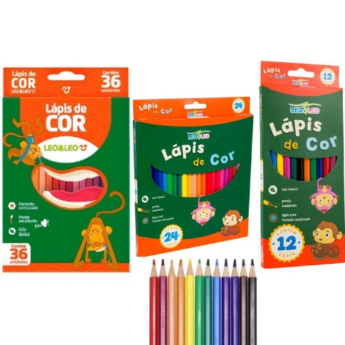 Lápis de Cor Escolar Caixa com 12 24 36 Cores Sextavado Leo&Leo em Oferta na Shopee