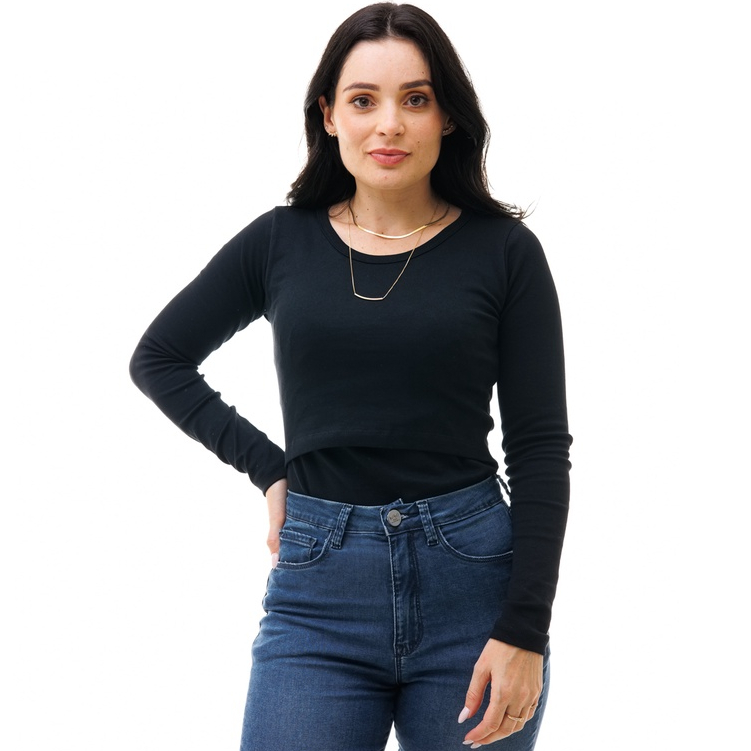 Blusa Feminina de Manga Longa com Gola Redonda e Abertura Para Amamentação - Várias Cores