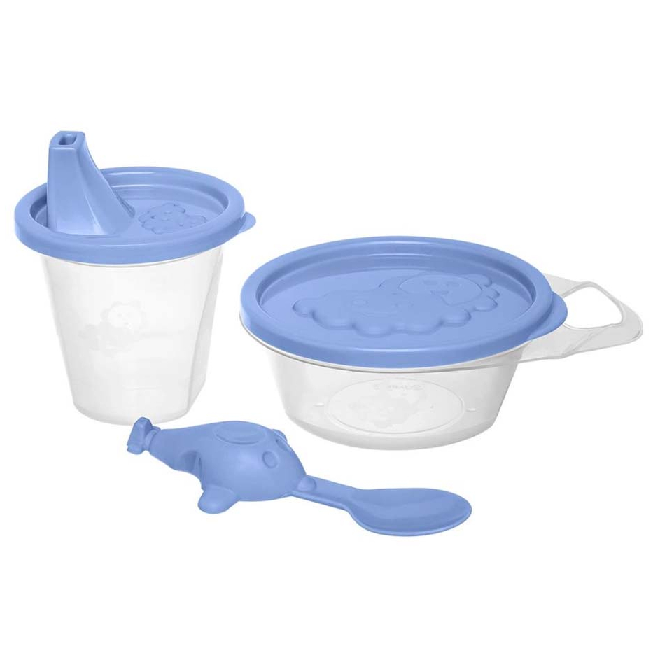 Kit Papinha Bebê Com 3 Peças Mini Pote Plástico Color - Copo/Pote/Colher - Utensílios Jaguar