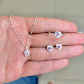 Conjunto Zirconia Coração Cravejado Rosa Prata 925