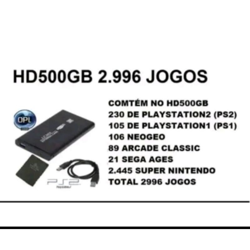 Kit Para Play 2 HD Externo 500GB + Memory Card com OPL