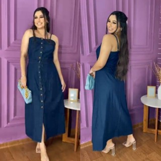 vestido jeans midi com detalhes de botões alça e cintura ajustável