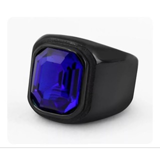 Anel Masculino Comendador Preto Black Pedra Azul Aço Titânio Presente Casual Moderno