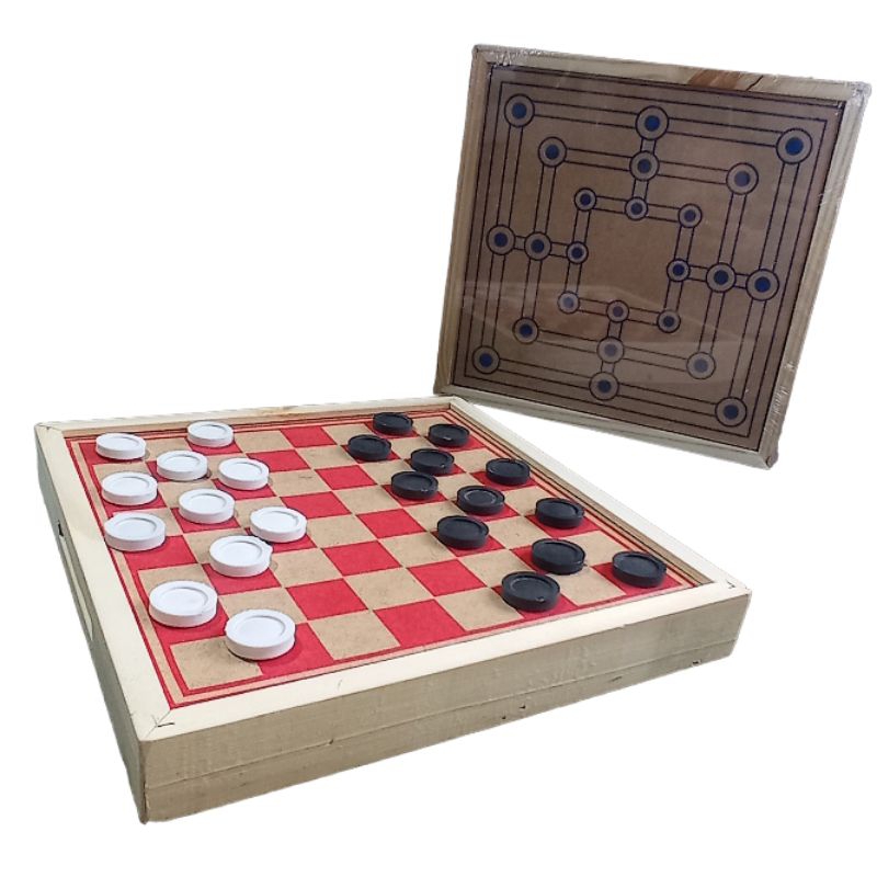 Jogo de Dama e Trilha 2 em 1 OTIMO ACABAMENTO DE PRIMEIRA Jogo Tabuleiro madeira medidas 30  cm por 30 cm COM COMPARTIMENTO PARA GUARDAR AS PEÇAS