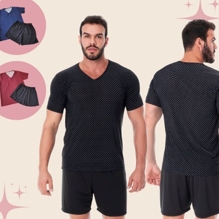 Pijama De Liganete Short E Blusa Manga Curta Confortável Masculino Adulto