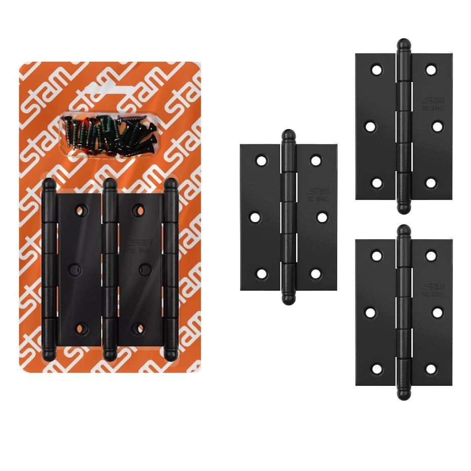 Kit 3 Dobradiças Porta de Madeira Stam Pretas com Parafusos