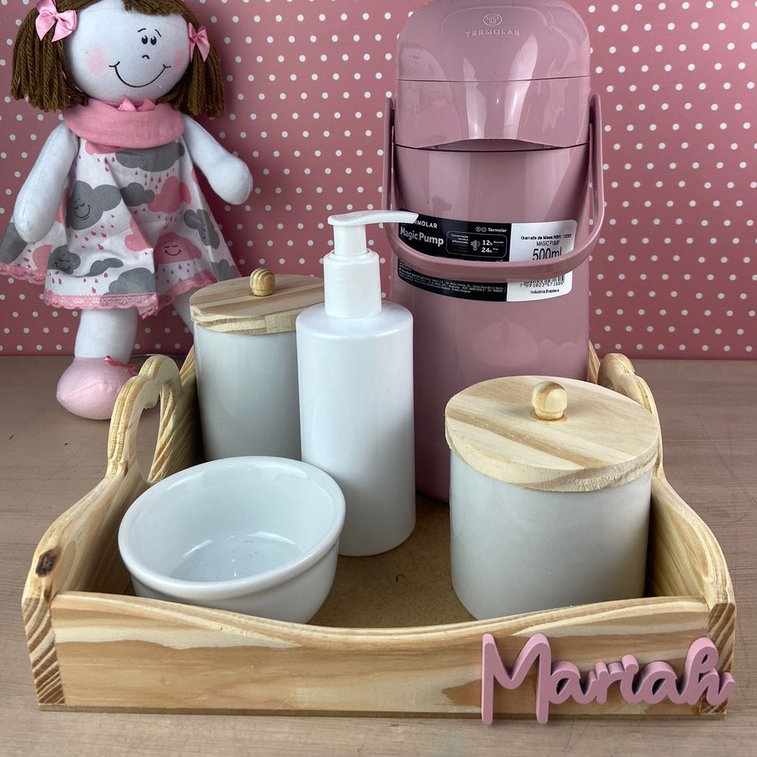 Kit Higiene Bebê Porcelana Pinus Coração Garrafa PUMP Personalizado Menina