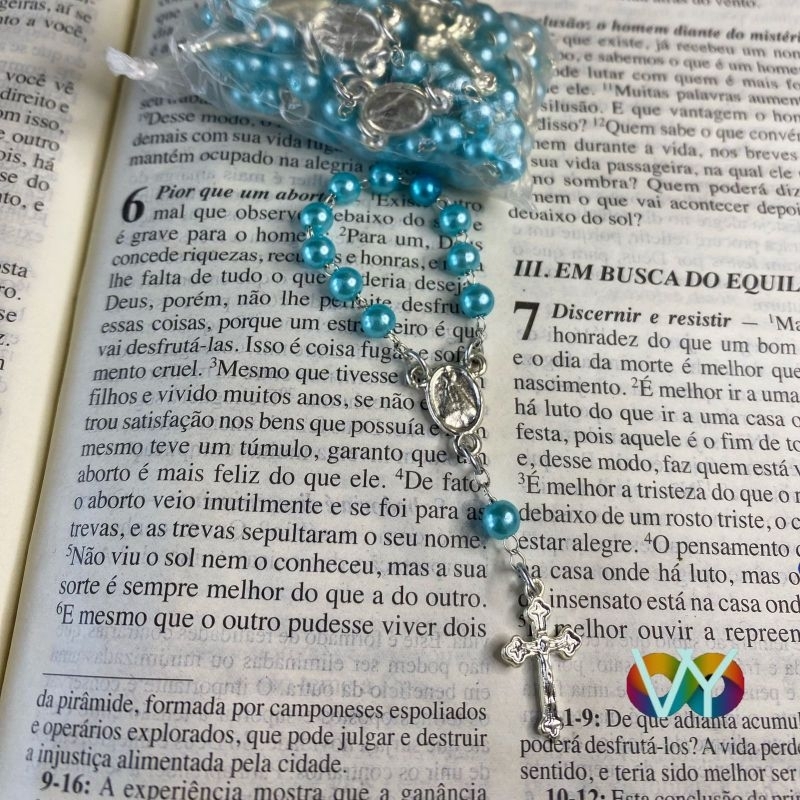Kit 12 Mini Terços Dezena Prata Perolado Nossa Senhora Aparecida Maria / Religioso Lembranças Batizado