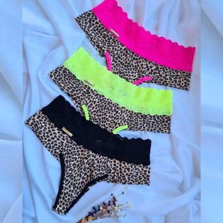 Kit 3 Calcinhas Hellen cós Onça animal Print com rendas coloridas fio duplo