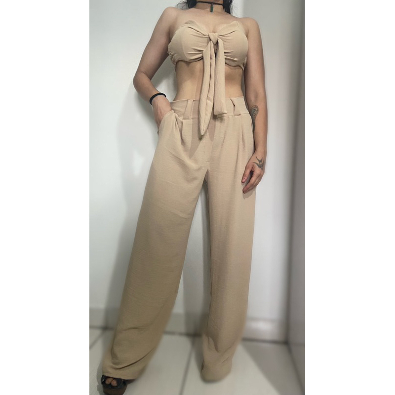 conjunto de calca pantalona blusa top bojo amarração e calça pantalona cintura alta