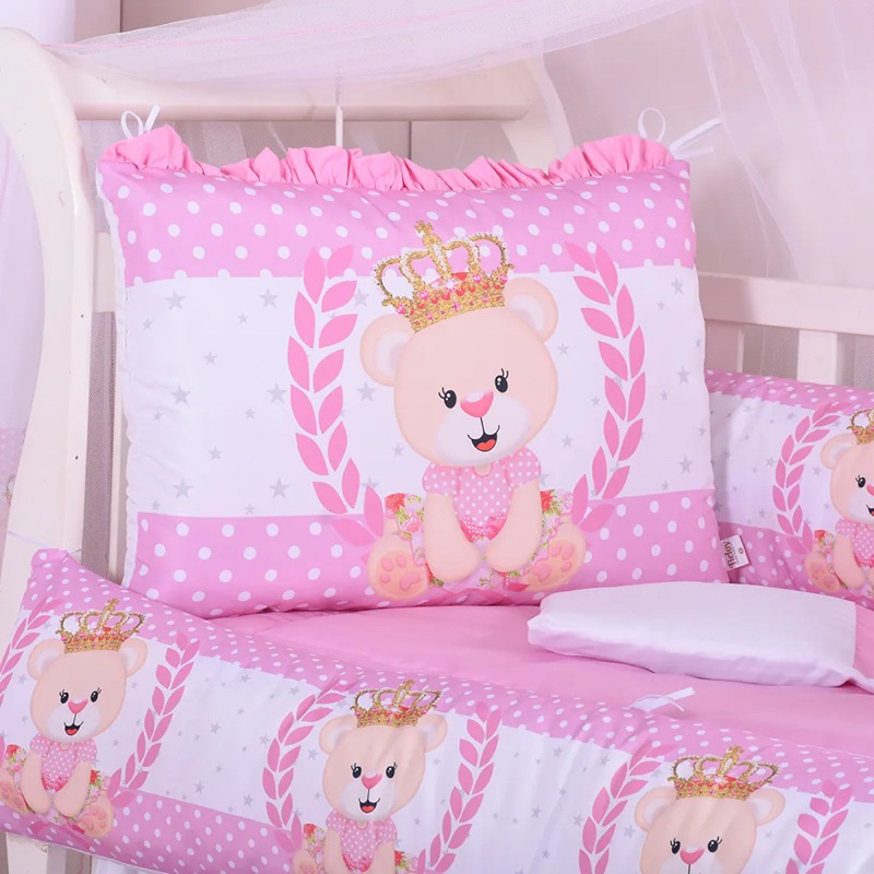 kit berço luxo + cortina Ursinha com guirlanda rosa para berço padrão americano