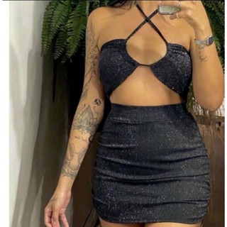 conjunto cropped e saia lurex