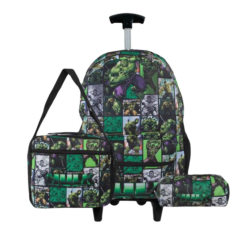 Kit Mochila Hulk Menino com Rodinha Infantil Escolar com Lancheira Térmica e estojo