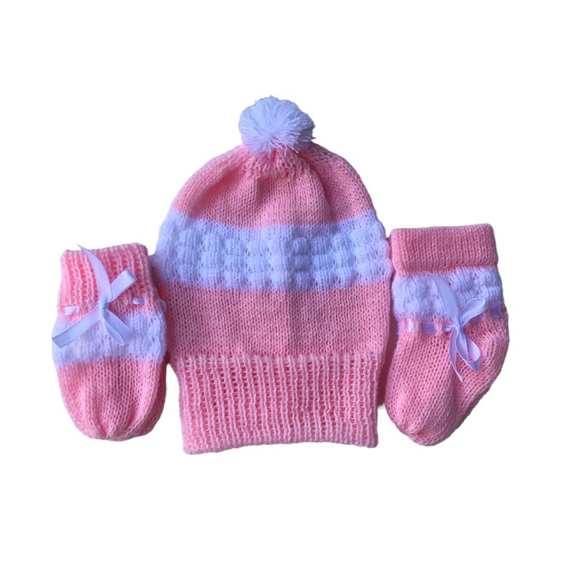 Kit de Bebê com Touca, Luva e Meia Rosa e Branco Tricô
