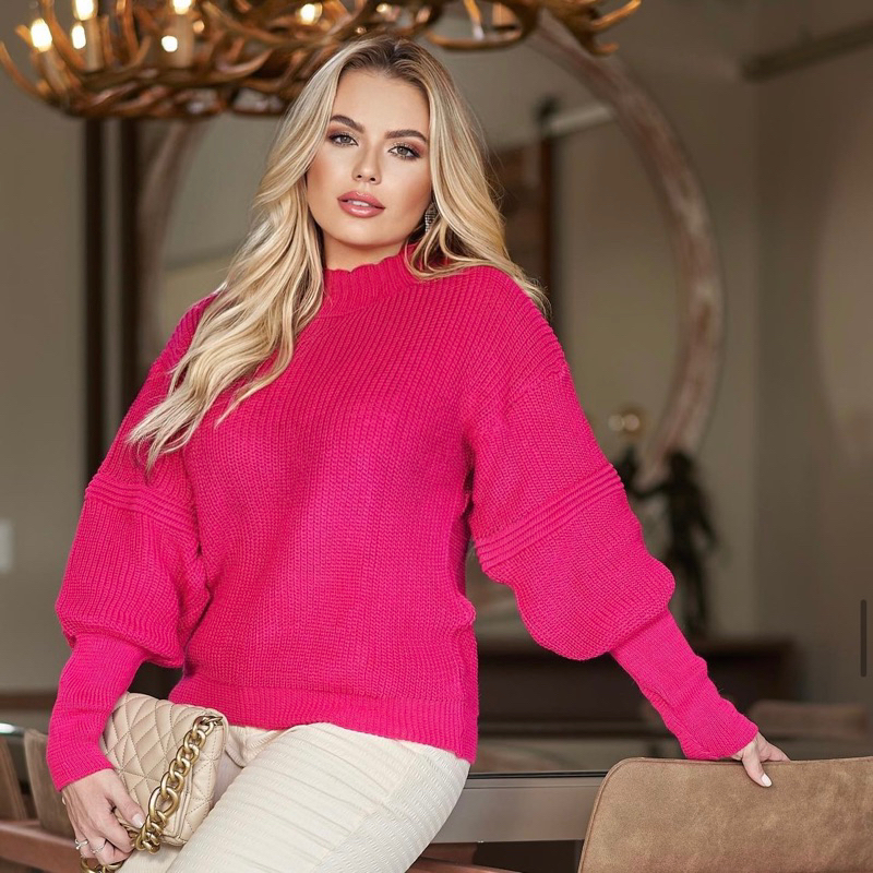 Blusa Feminina Manga Bufante Tricô Tricot blogueira inverno
