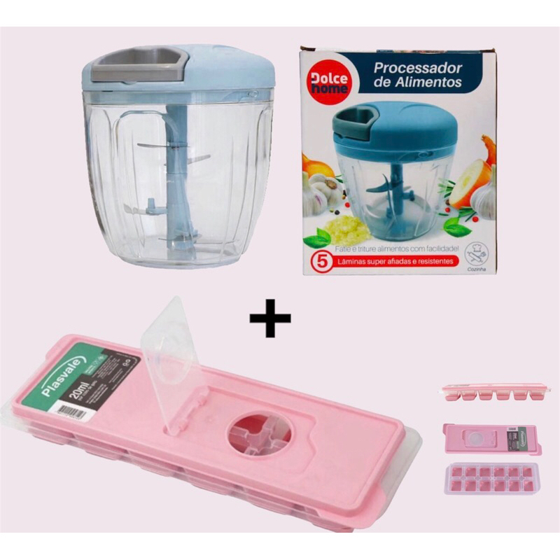 Processador de Alimentos Manual 5 Lâminas Grande Dolce Home + Forma de Gelo de Plástico Plasvale Com Fundo Silicone e tampa Higiênica