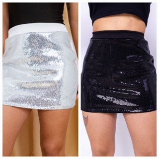 kit 2 Shorts Saia Paetê Brilhosa Preto+Branco Neoprene Blogueira Festa 2023