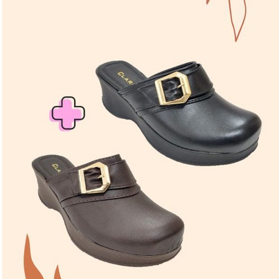 Kit 2 Pares Tamanco Mule Clog Anabela Fechado Confort Promoção - CAFÉ E PRETO