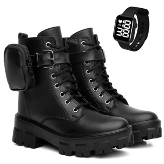 Bota Coturno Tratorado Feminino Cano Medio Com Bag Removível Ajustável + Relógio Digital