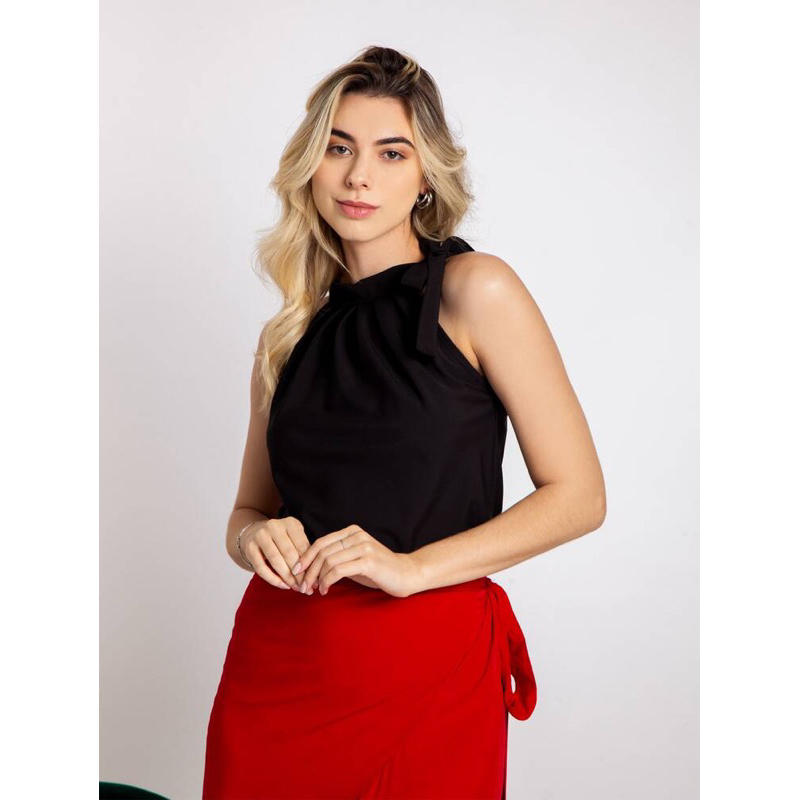 Blusa Regata Gola Alta Laço Amarração Ombro Preto, Branco e Pink