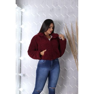 Casaco Blusa de Frio Teddy Feminino de Pelinhos Pelúcia Com Zíper e Bolsos