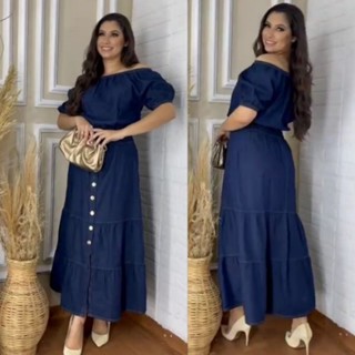 vestido jeans ciganinha midi com detalhes de botões M G GG