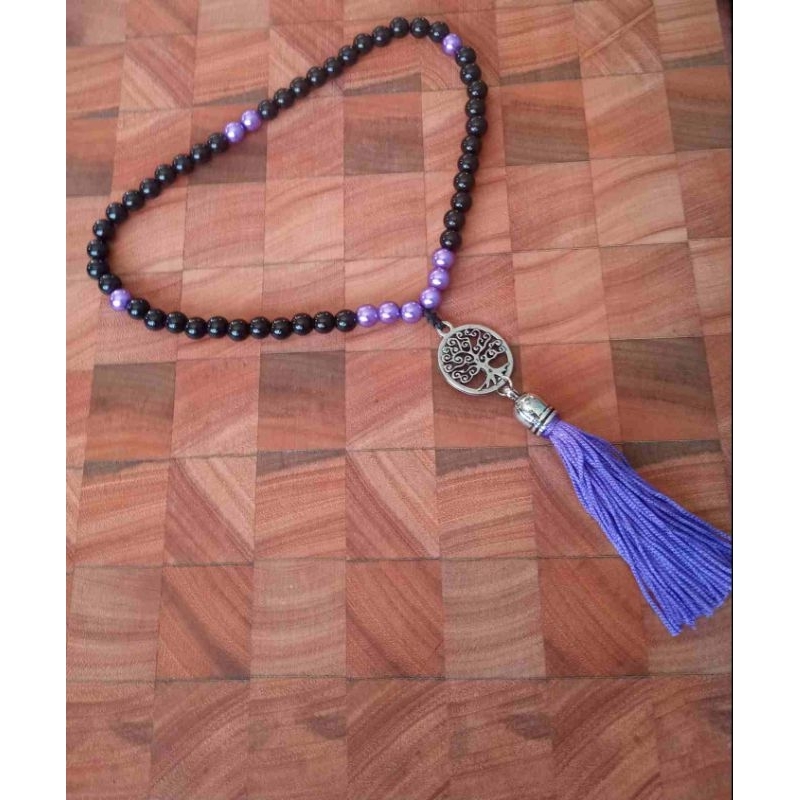 Imagem Japamala 54 Contas Pérola Negra Com Pérola Roxa E Pingente Árvore Da Vida Rosário Budista Ref:282
