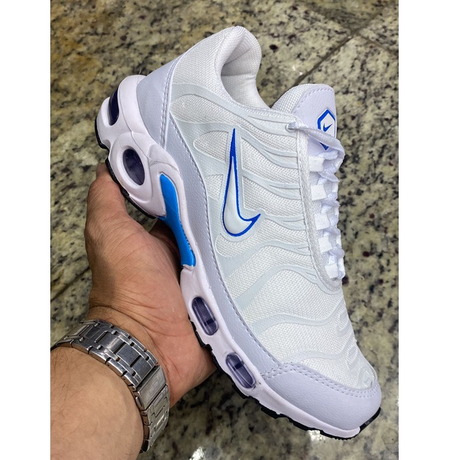 Tênis Air Max 95 TN Plus Branco e Azul Lançamento Masculino Academia