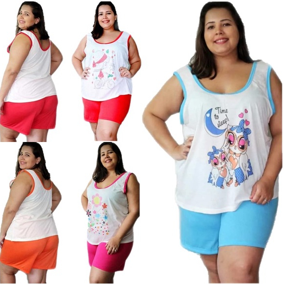 Kit 1 Conjunto Baby Doll Short Doll PIJAMA Malha Plus Size 50-52-54 Senhora Hospital Revenda Regata
