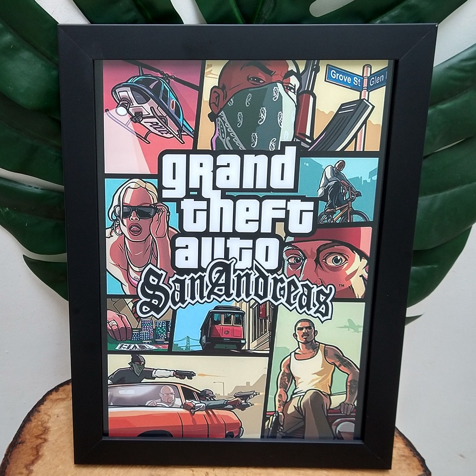 Quadro decorativo com moldura e vidro GTA San Andreas pôster gamer geek nerd