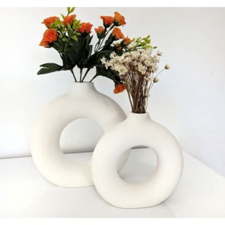 Kit 2 Vasos Nórdicos Modernos Donut em Cerâmica Branca fosca Decoração Decorativo para pin...