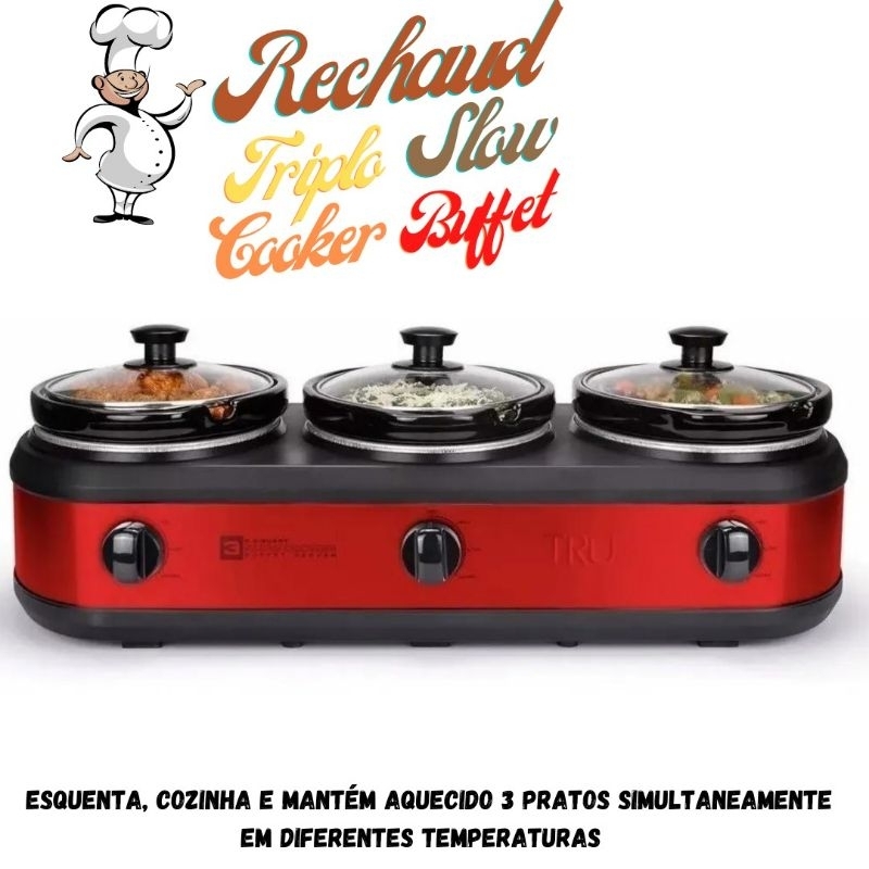 Triplo Buffet Panelas Rechaúd Elétrico 127V c/ 3 temperaturas diferentes. Três Panelas de 2.4L cada.