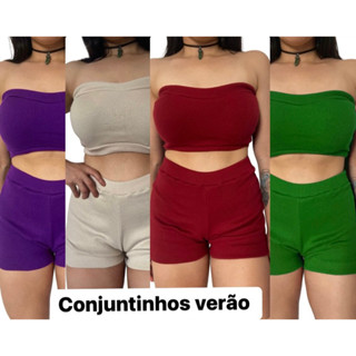conjunto feminino verão malha canelada com nervuras tamanho P ao GG