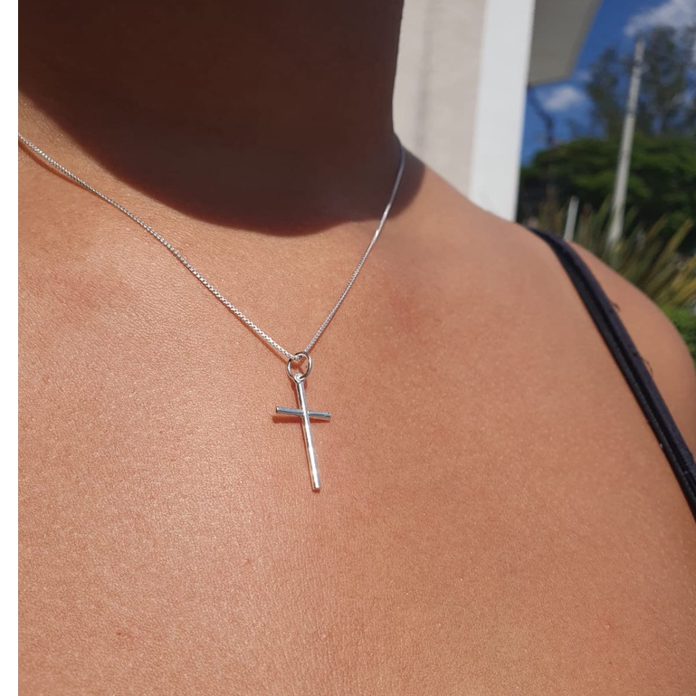 Corrente Veneziana + pingente de cruz feminino Colar Cordão totalmente em prata pura 925 em Oferta na Shopee