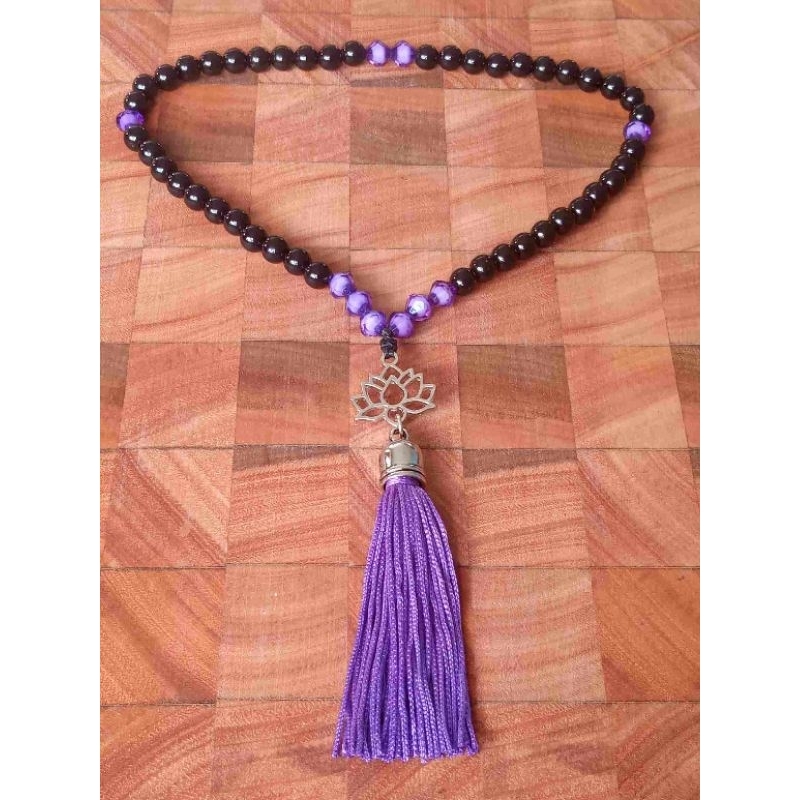 Imagem Japamala 54 Contas Pérola Negra Com Acrílico Roxo E Pingente Flor De Lótus Rosário Budista Ref:284