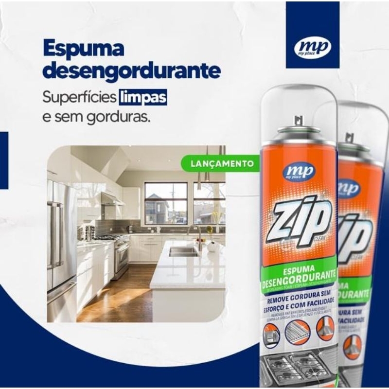 Kit com 2 Aerossóis Desengordurante Zip Clean Espuma Mágica que age nas Moléculas de Gordura e Sujeira Facilitando sua Remoção Ideal Para Fogões Fornos Panela Coifas Paredes Azulejos Superfície Lisas em Geral