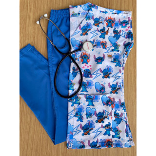 Pijamas cirúrgico feminino Scrub hospitalar estampa Stitch