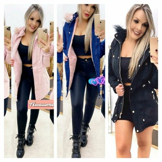 parka feminina toda forrada por dentro de pelinho com capus removível em Oferta na Shopee