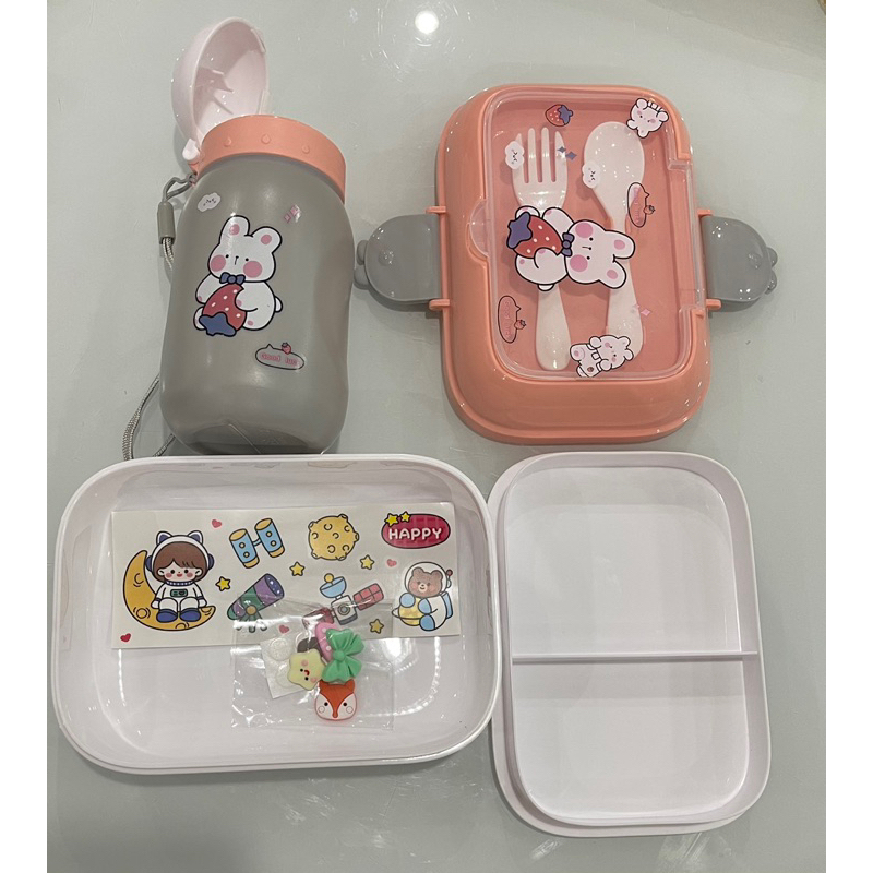 kit Marmitinha escolar com talher adesivo 3D lancheira kawaii kit garrafa com pote com divisão