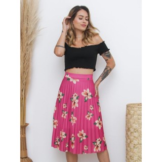 saia plissada midi moda evangélica estampa digital floral tendência modelagem possuí forro
