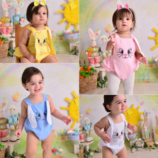 Romper Temático Páscoa coelhinho  / Jardineira / Bunda Rica/ mesversario/ salopete / macacão / body / coelho orelhinha orelha